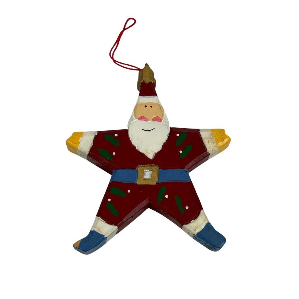 Vintage Hand-Painted Wooden Santa Clause Star Ornament Country